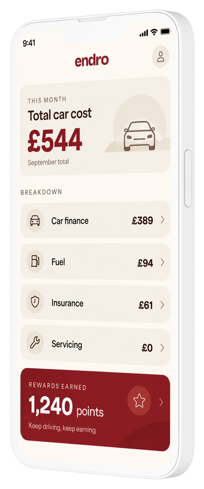 Endro app showing this month's total car cost of £544, a breakdown of car finance, fuel, insurance and servicing spend, and 1,240 rewards points earned